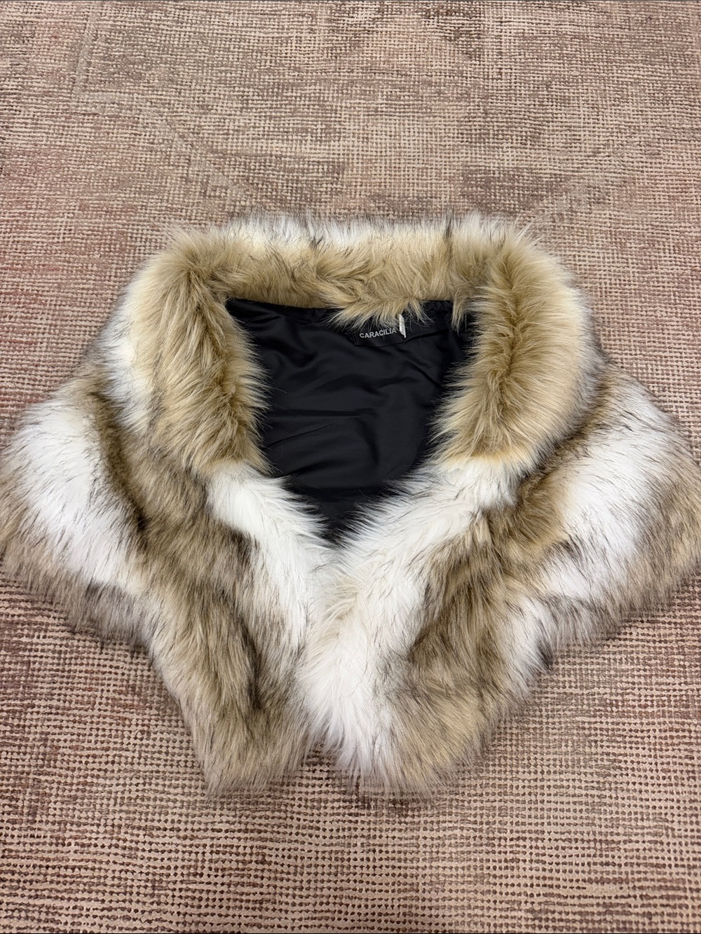 Faux Fur Collar Cape in Natural Brown & White